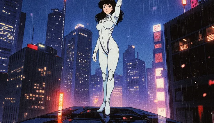 A full-body anime character in the style of Masamune Shirow's Ghost in the Shell blended with 80s/90s anime aesthetics like Akira, depicted standing victoriously on a skyscraper rooftop at night after a battle, exuding a majestic and beautiful presence. Sh...