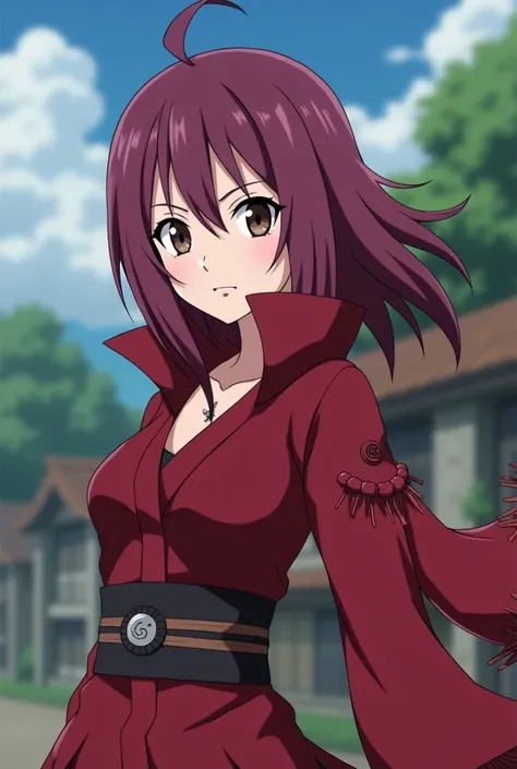 

" Naruto Shippuden anime capture : SINGLE 18-year-old woman,  very beautiful, Brown Leather , Dark Brown Eyes,Vinotinto hair  (violet red), medium hair sexy female ninja costume outfit with fringe curtain and debrushed capes, Laughing faction , NARUTO ST...