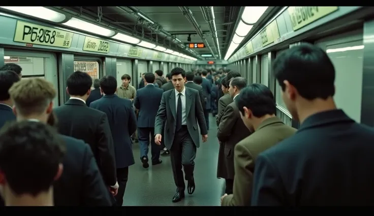 A bustling Shibuya subway station in 1985 Tokyo during rush hour; a detective in a blood-stained gray suit leaps over a railing, chasing a yakuza boss in a glossy leather coat through a sea of commuters. The train doors slide shut as they board, leading to...