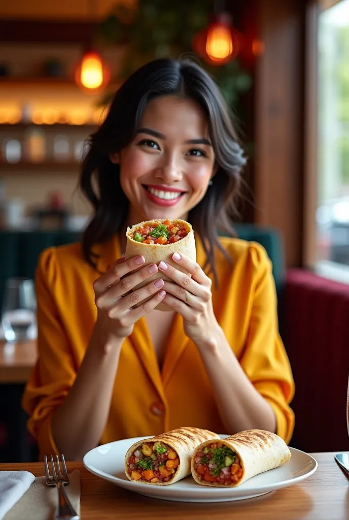 Woman eating a Mexican burrito in a very nice place 