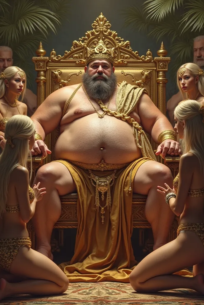 Big belly king on his throne with 10 big ass blonde women servants kneeling before him. The servants are in golden underwear with golden chains attached to the throne and their necks. They are young blondes with blue eyes and have big rounded asses and tit...