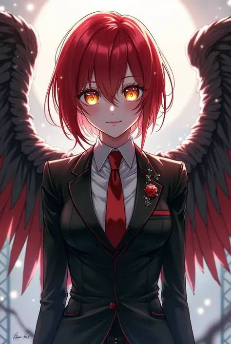 corrupted angel with red hair golden eyes,black suit, smile, with one white wing and the other black, anime girl 