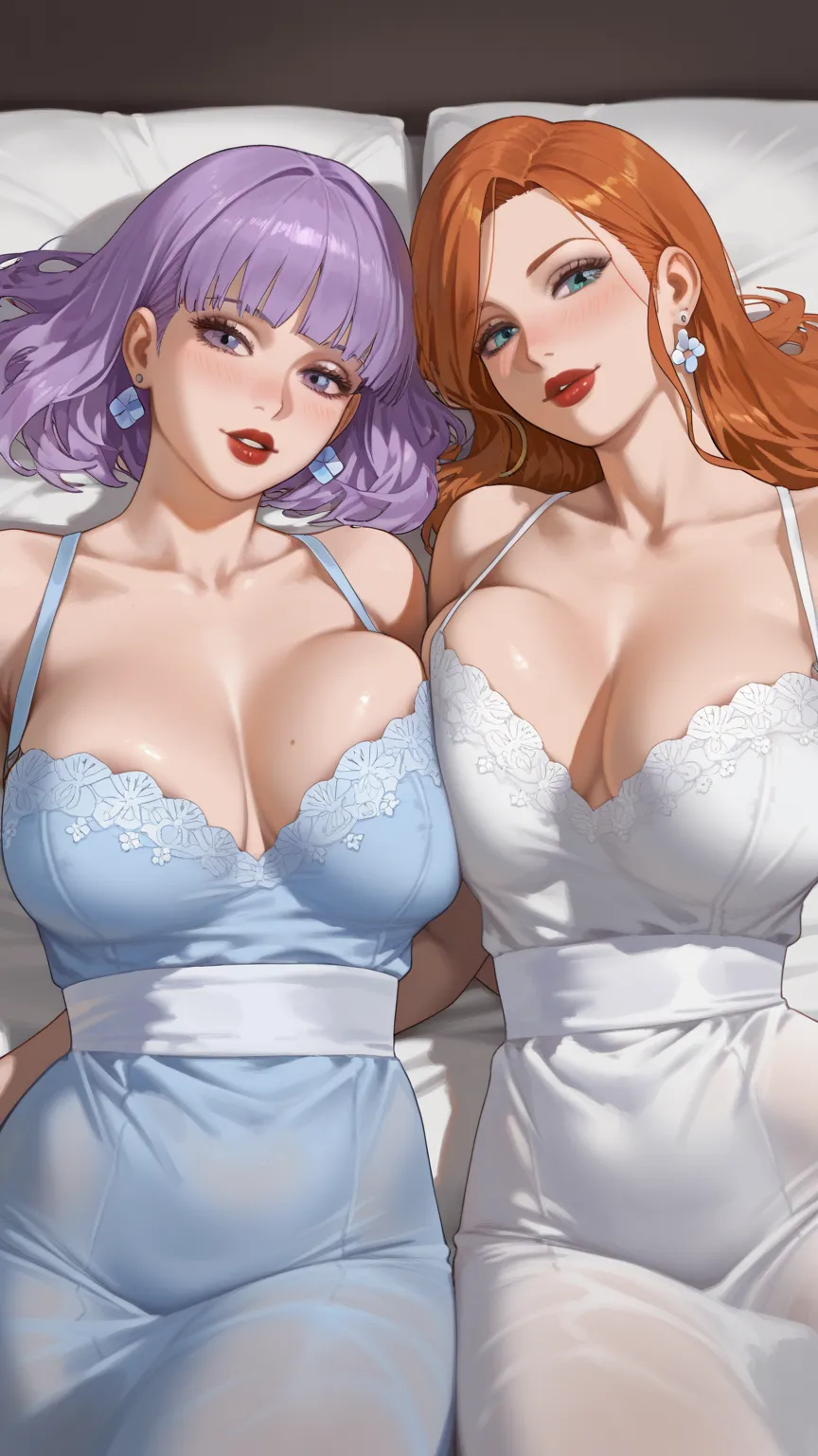 ultra detailed, absolutely resolution, masterpiece.  
two beautiful women are lying face to face in bed, wearing white bedding. red lips, lewd great body proportion, large breasts, cleavage. 
fantastical and mysterious atmosphere, wonderland worldview. var...