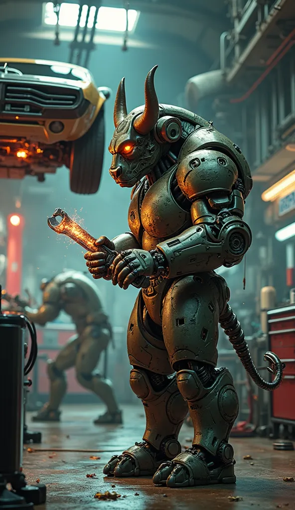 ((Ultra-realistic, cinematic close-up of a Mecha Touro Mecânico, a towering humanoid bull working in a high-tech auto repair shop. His body is a fusion of raw power and precision engineering, covered in matte gunmetal plating with deep bronze accents formi...