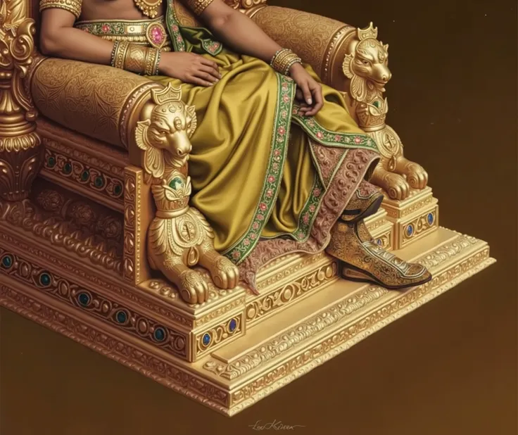 A majestic close-up of Lord Kubera, the god of wealth, seated on an ornate golden throne, exuding power and opulence. His luxurious golden silk drapery flows elegantly, embroidered with emerald-green and sapphire-blue accents, contrasting beautifully again...