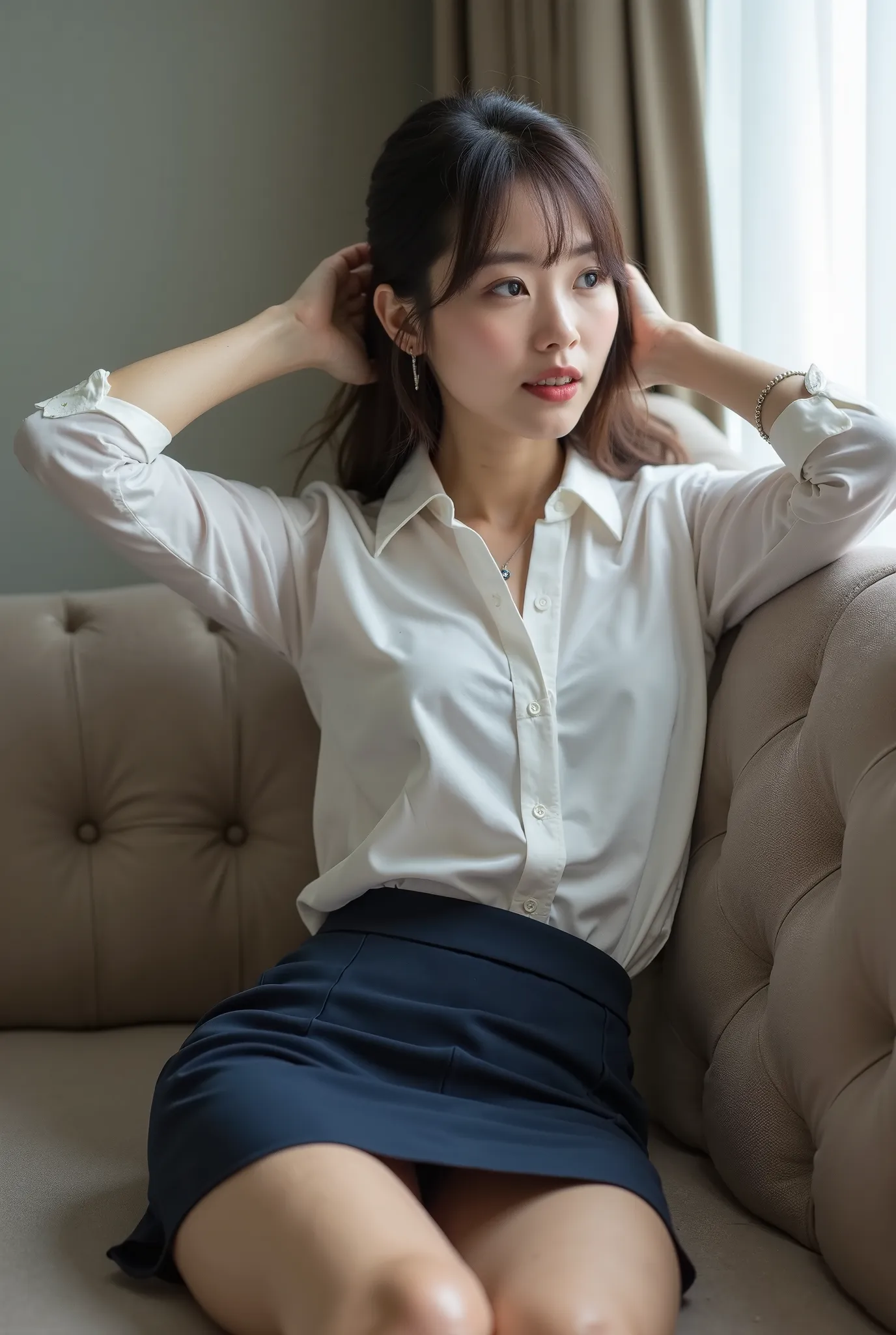 masterpiece, Highest quality, High resolution, Full body image, Beautiful fingers, Japanese women, A Japanese woman with a pure and sensual face, Sitting on the sofa in the office ,spread her leg, Wearing an collared sleeveless shirt, Wearing a white shirt...