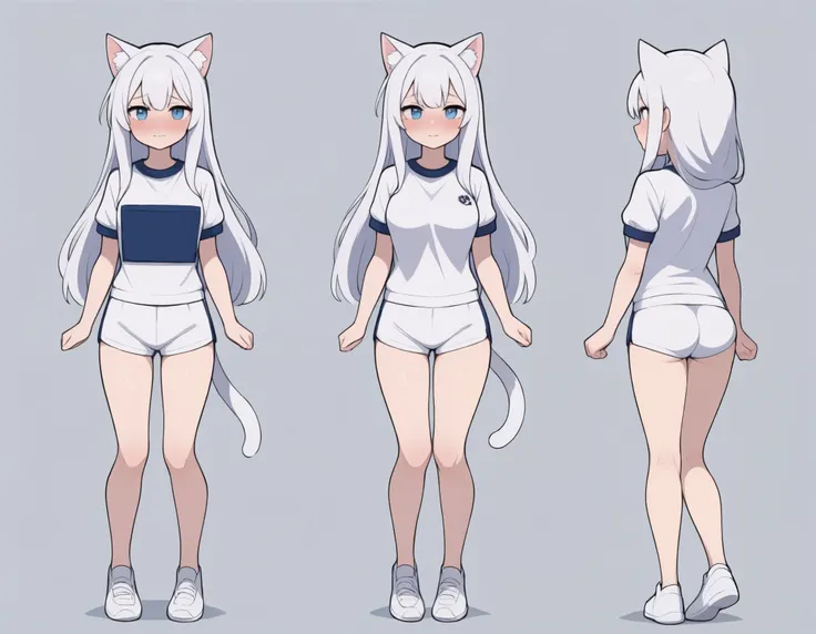  exquisite picture ，Character Design，Three views（forward，back，side），漂亮的棕色 long hair， long hair，Cat girl in gym clothes，Blue and white clothes，shy expression