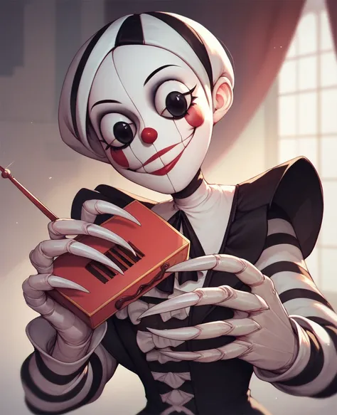 Marionette, pale face, smiling, black eyes, big claws, holding a music box