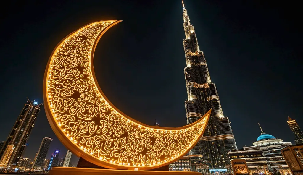 "A stunning night view of the Burj Khalifa in Dubai, illuminated with golden lights displaying the words 'Ramadan Kareem.' The skyscraper features an intricate Islamic pattern with warm glowing effects. In the foreground, a large decorative crescent moon w...