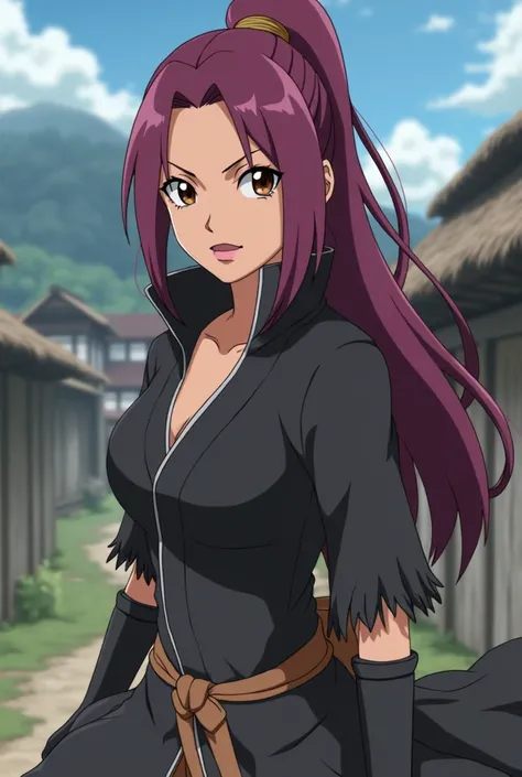 

" Naruto Shippuden anime capture : SINGLE 18-year-old woman,  very beautiful, cinnamon brown skin , Dark Brown Eyes,Vinotinto hair  (violet red), medium hair sexy female ninja costume outfit with fringe curtain and debrushed capes, Laughing faction , NAR...