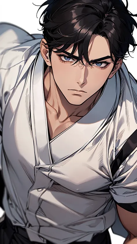  ultra detailed ,Haig Quality,OUTLINE,1 boy,macho maduro,Pretty face,(short black hair), handsome men,pearl skin , short sleeve white shirt ,droopy eyes, Japanese high school ,dynamic angle, Japanese anime ,corps inteiro, face forward 