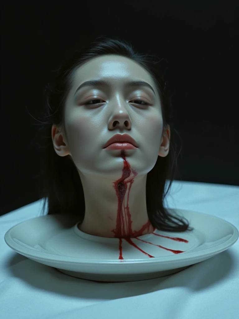   place the head of a decapitated woman , Asia,  Less blood stains   , (( with eyes closed)),   like a dish on a plate  , Bloody,  actual , 4K, Nikon, fear