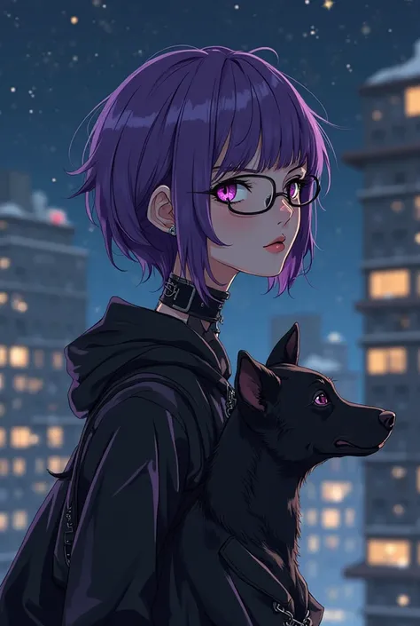 In anime style create an avatar of a woman with short purple hair and glasses and piercings and tattoos dressed in black next to her there is to be a dog, black terrier, The dog and the girl should be at the same height in the background to be the city at ...