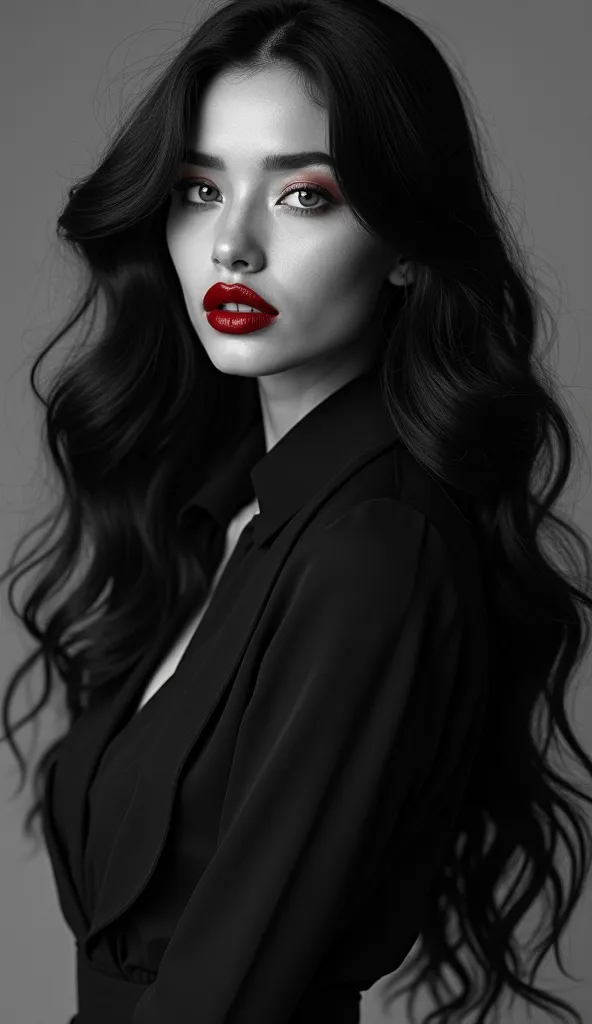 A (((Black and white work of art apart from red))) featuring a (((full body with a perfectly straight nose and gently upturned head))), exquisite grading that creates a strikingly elegant and serene expression, blending seamlessly with her (((deep red lips...