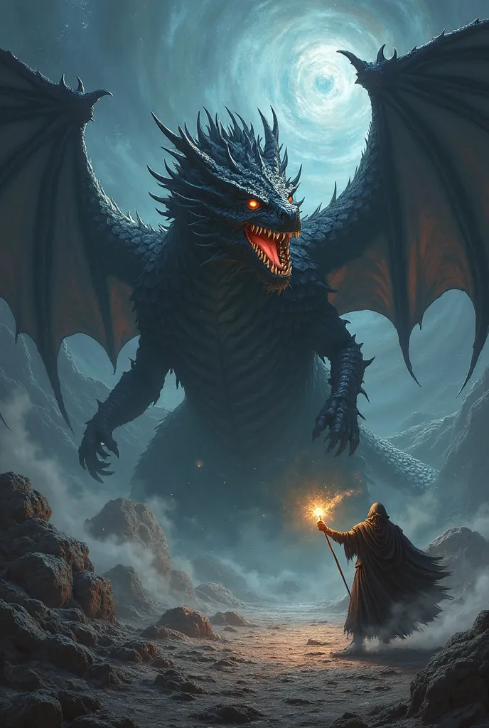 A dramatic, high-fantasy book cover featuring a colossal, terrifying black dragon with scales as dark as coal, its massive wings outstretched as it emerges from the dark, swirling depths of the multiverse. In the foreground, a brave, yet struggling mage st...