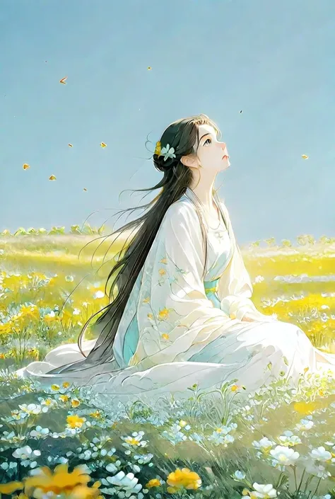 Can you create a romantic style painting of a girl wearing a long dress (with a flower pattern) sitting on a field looking up at the blue sky? The colors are vivid but not too bright or rainbow like, make it with a dreamy vibe 