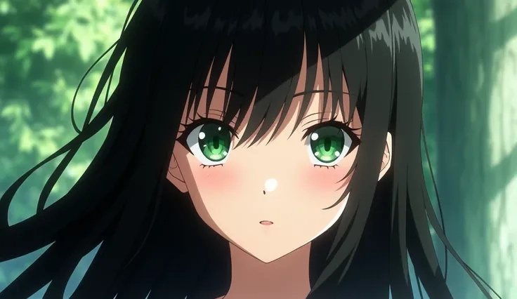 Create an anime of this character A breathtaking young woman with long silky black hair that cascades over her shoulders, framing her face with delicate threads. Her stunning green eyes have an intense and captivating look,