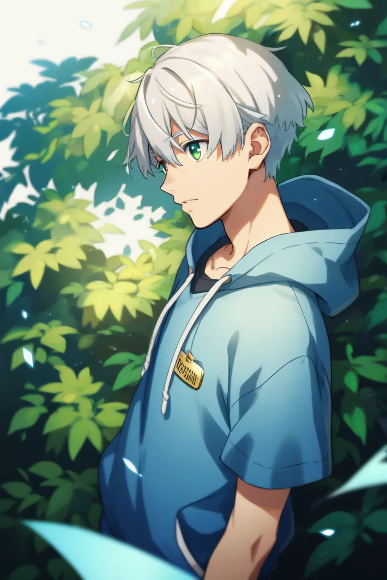 has bright green eyes and white hair
Anime style
boy character
I'm wearing a blue hoodie with a hood。
A gentle expression
Are you wearing a cat ear hoodie tightly