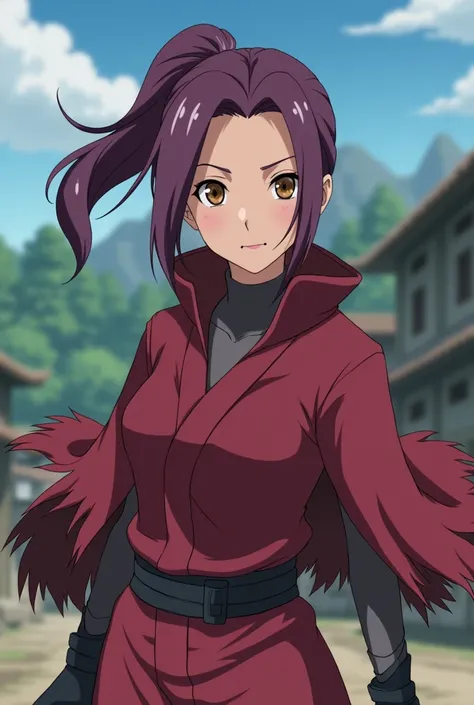 

" Naruto Shippuden anime capture : SINGLE 18-year-old woman,  very beautiful, cinnamon brown skin , Dark Brown Eyes,Vinotinto hair  (violet red), medium hair sexy female ninja costume outfit with fringe curtain and debrushed capes, Laughing faction , NAR...