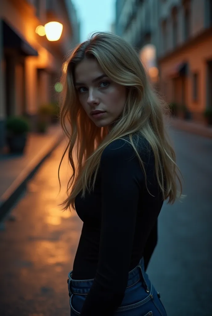 blonde girl stands in full height with her backside on the street in the evening, her face is half covered by hair, age 23, dark, realistic photo