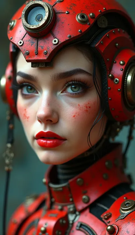 glamorous woman, detailed face, beautiful eyes, long eyelashes, full red lips, intricate red mechanical gears and tools embedded in her body, industrial steampunk style, highly detailed, 8k, photorealistic