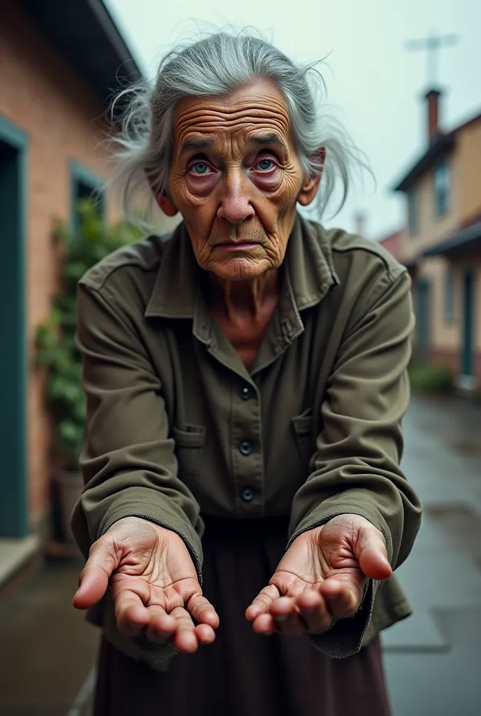 old lady knocking at the door while begging for money