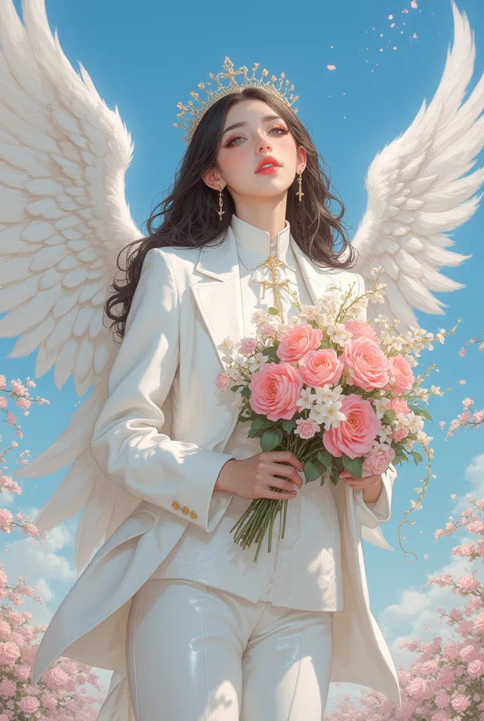 (Masterpiece: 1.2), (Best Quality: 1.2), Intricate details, Highly detailed face, Highly detailed eyes, Angel girl, Wearing white evening suits, (White wings), Holding a colorful bouquet of flowers, Big good smile, Blue sky background, (Cherry blossoms), (...