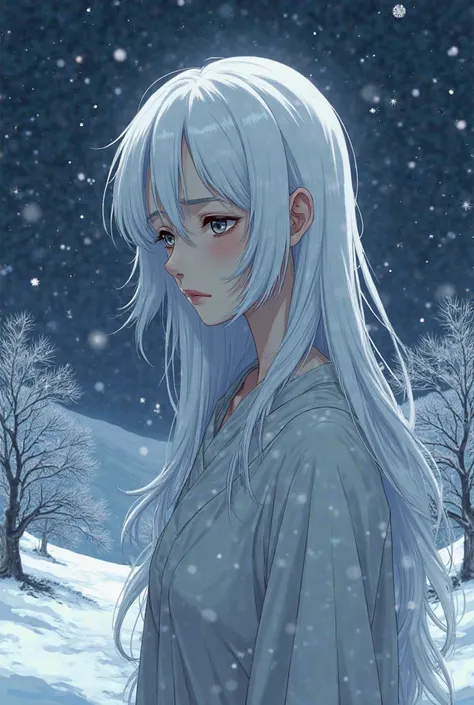 Create a book cover for me where there is a sad woman with white hair/gris et en arrière plan une nuit enneigée en style anime 