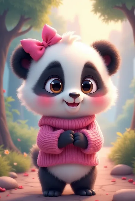 An adorable little panda bear animated in Disney style, with big expressive eyes and fluffy white fur. She wears a pink ribbon on her head, a pink wool sweater and has flushed cheeks. The background shows a magical landscape with trees and an enchanting at...