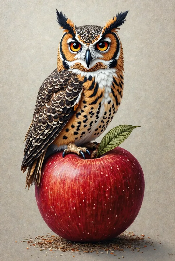 create an embroidery of an owl perched on an apple