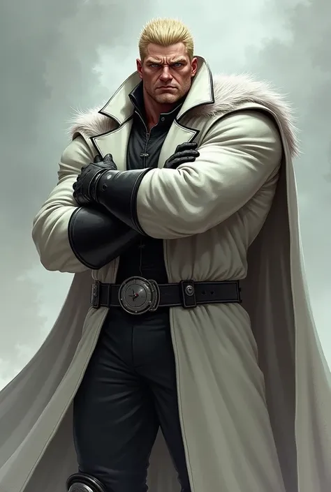 A muscular and burly man, Much bigger than a normal man.
Pointed blond hair, giving him a rough look.
He wears the same long white coat with black details,  adapted to his size .
He wears thick gloves and heavy boots.
Serious or fierce expression, reflecti...