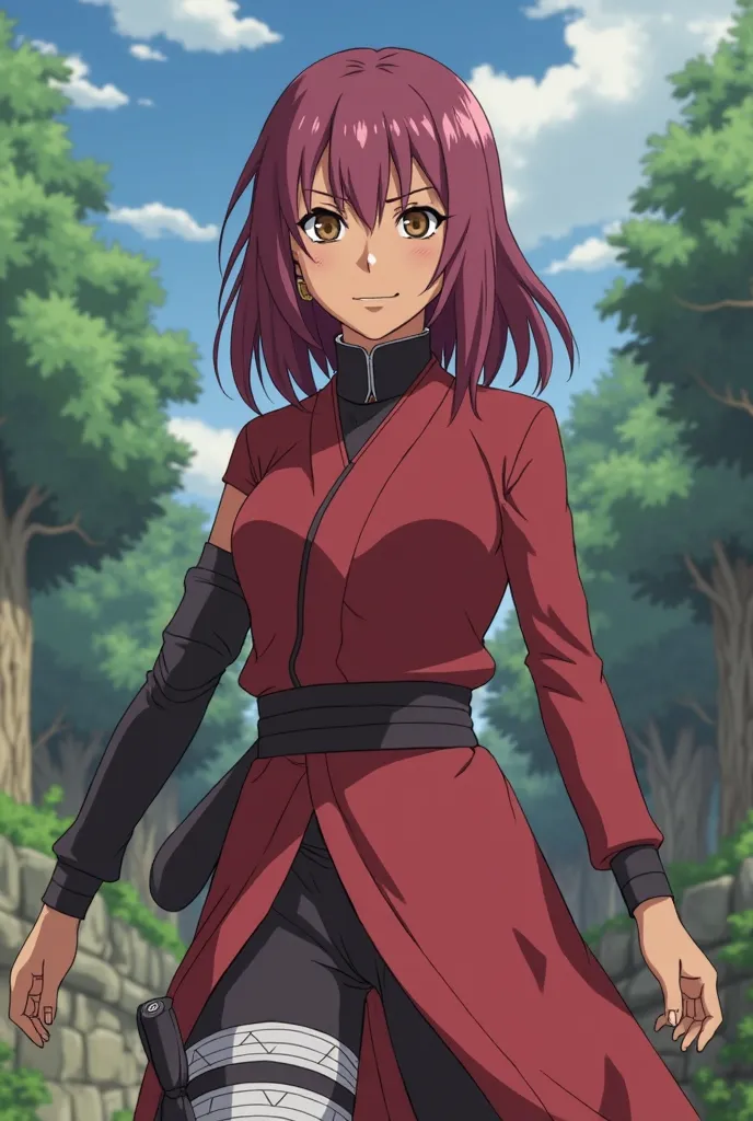 

" Naruto Shippuden anime capture : SINGLE 18-year-old woman,  very beautiful, cinnamon brown skin , Dark Brown Eyes,Vinotinto hair  (violet red), medium hair with fringe curtain and debrushed layers, Laughing faction , NARUTO COMBAT STYLE ninja costume c...