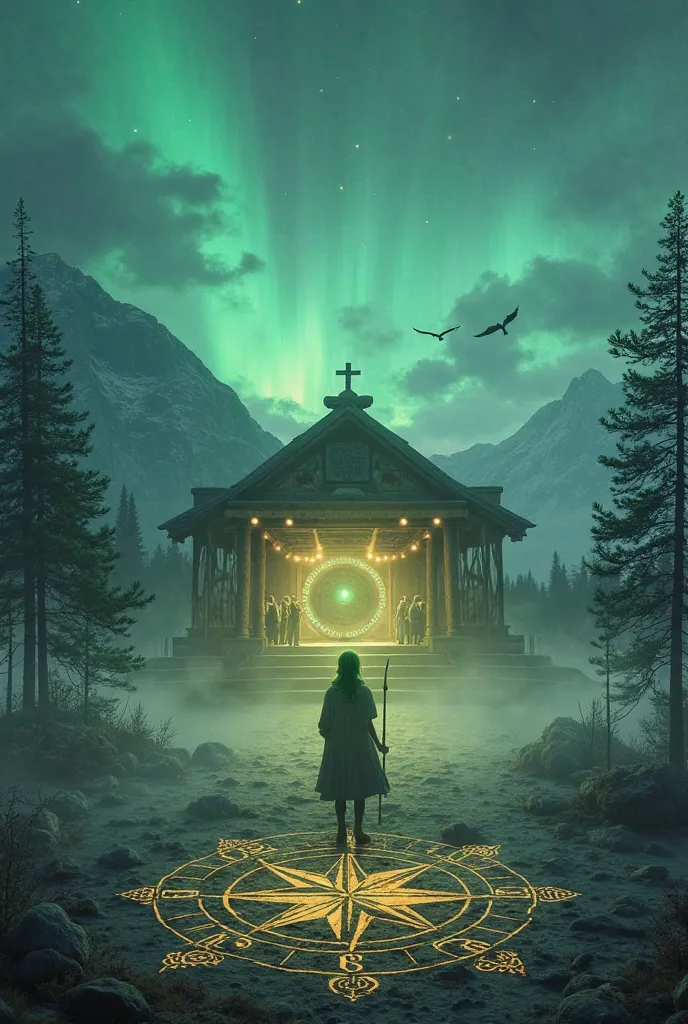 A mystical, enchanted wooden stage appears in the northern wilderness, emerging from the mist under the pale glow of the Northern Lights. The stage is covered with ancient symbols, glowing faintly, pulsing with magic. At the heart of the stage, Einar Selvi...