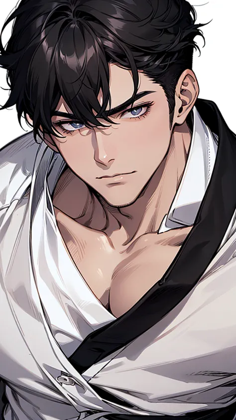  ultra detailed ,Haig Quality,OUTLINE,1 boy,macho maduro,Pretty face,(short black hair), handsome men,pearl skin , short sleeve white shirt ,droopy eyes, Japanese high school ,dynamic angle, Japanese anime ,corps inteiro, face forward 