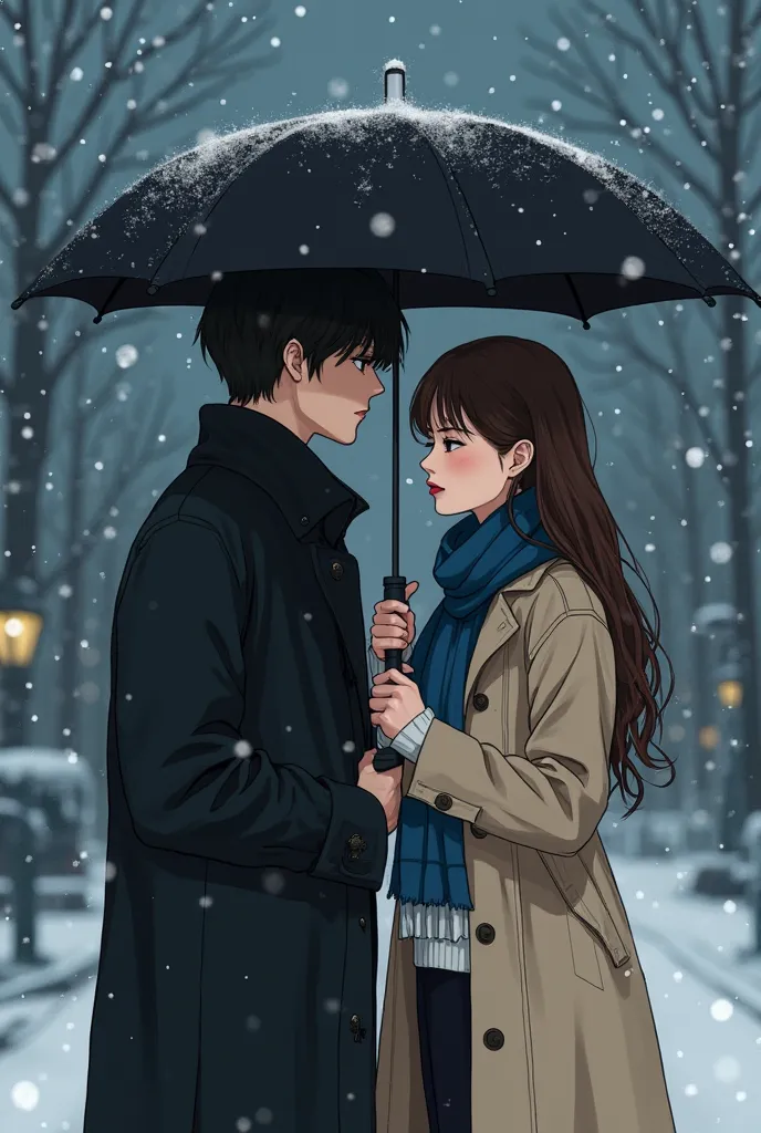 picture of the guy covering a black umbrella for the girl, cool guy, apathetic ,  are beautiful trai, High, wearing a black trench coat, áo đen High cổ ở trong, The lady wears a white sweater with a blue scarf, wearing a beige trench coat outside,  long br...