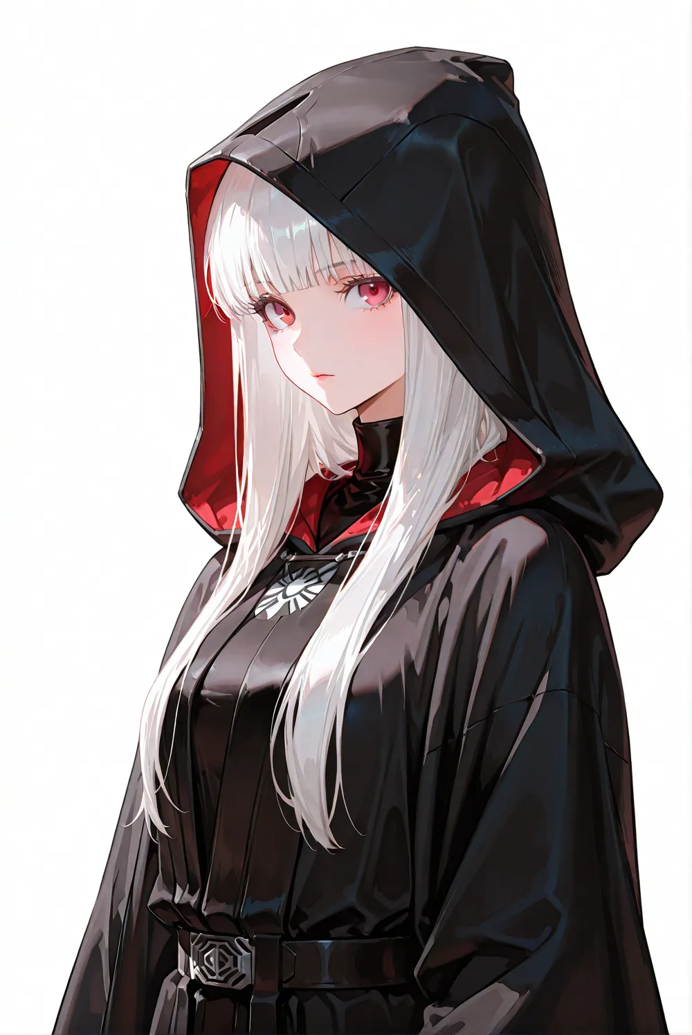 Top quality, High detail, smooth skin, 8k, Beautiful appearance,masterpiece,{{1girl}},white hair,red eyes,long hair,straight hair,Star Wars Sith Robe,black robe,standing,form,{{simple background}},{{white background}},standing,anime,upper body,face forcus,...