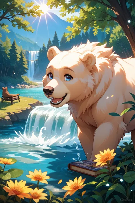 A scene where a cute white, fluffy bear plays in a river in summer(In the style of a picture book)It's the same bear as the one I made、I want the version of playing in the river