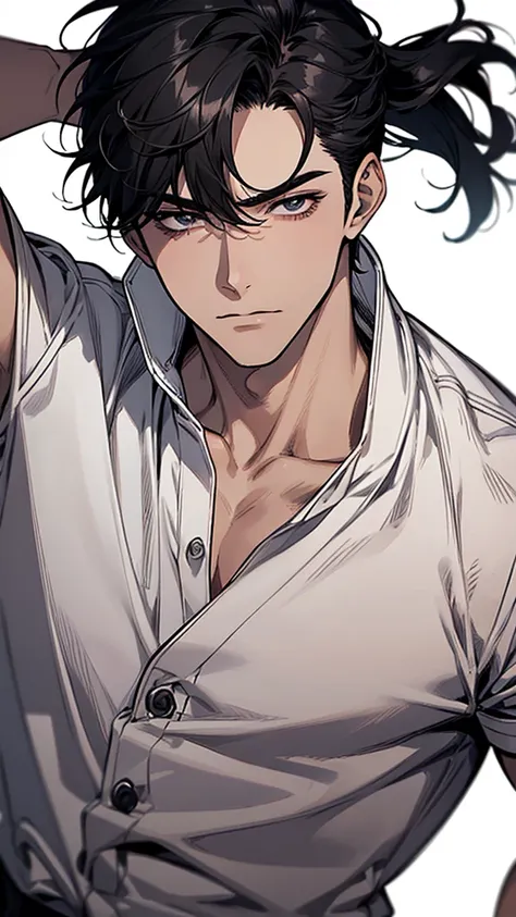  ultra detailed ,Haig Quality,OUTLINE,1 boy,macho maduro,Pretty face,(short black hair), handsome men,pearl skin , short sleeve white shirt ,droopy eyes, Japanese high school ,dynamic angle, Japanese anime ,corps inteiro, face forward 