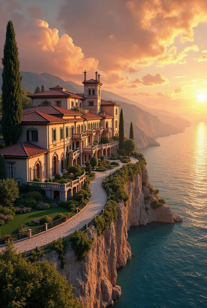 a italian villa on a cliff with a sunset