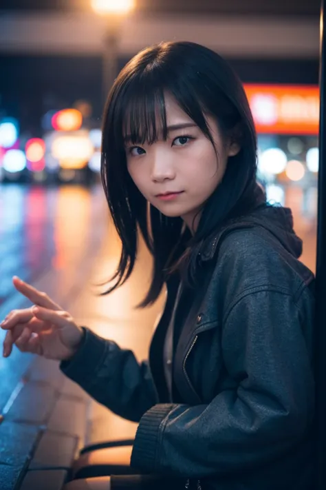  1 girl, Alone, 黒髪
 BREAK
Waiting for Someone,  Tram, window, Raindrops, Blurry City Lights , One Person, Restless Expression, evening, neon, sad atmosphere, Cinematic