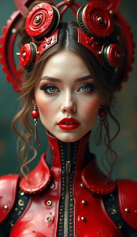 glamorous woman, detailed face, beautiful eyes, long eyelashes, full red lips, intricate red mechanical gears and tools embedded throughout her body, industrial steampunk style, highly detailed, 8k, photorealistic