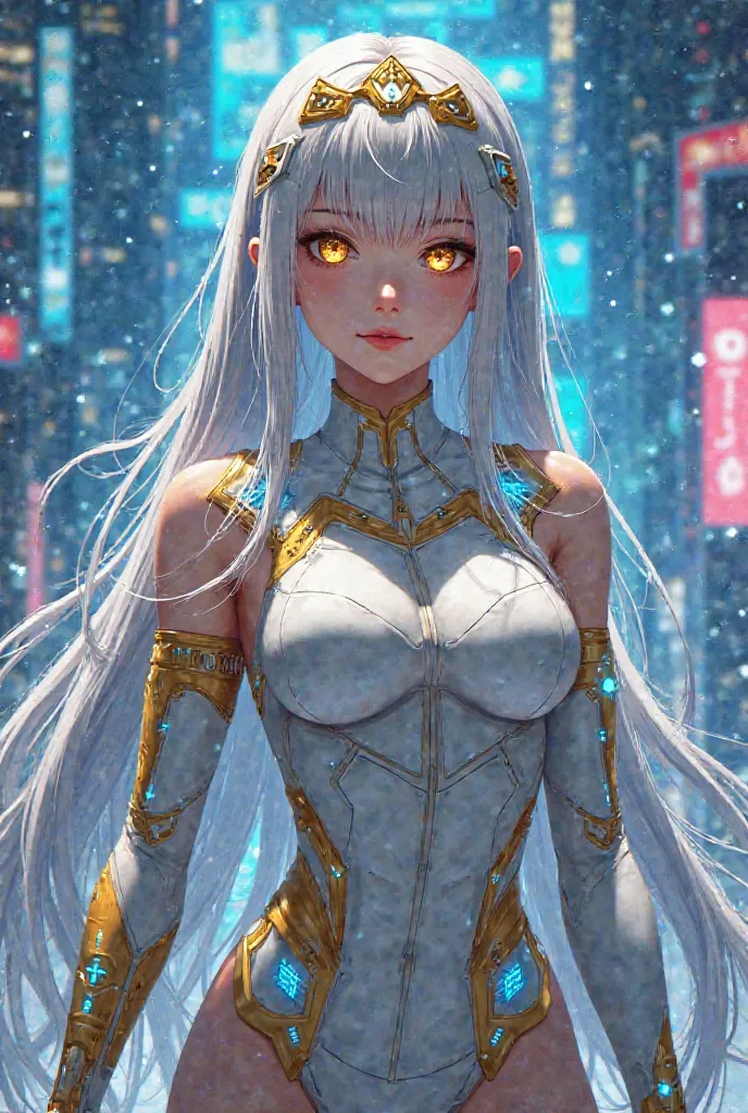 Create anime-style fan art of a cyber priestess in a Cyberpunk world. She has long, silver hair with golden reflections, adorned with a technological tiara with bright LED lights. Her golden eyes shine with a mechanical glow, showing a digital interface in...