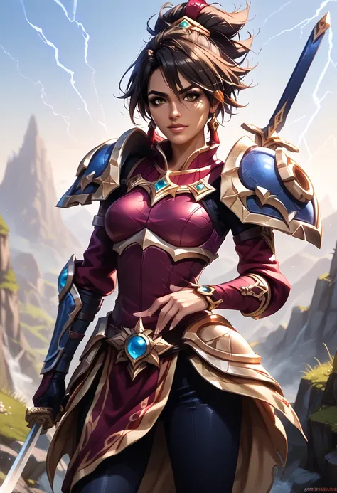 A woman in armor holding a sword, samira do league of legends, in opal armor, Female Lightning Genasi, female champion,  she's holding a sword , I hate you, picture of female champion, Artgerm e Atey Ghailan, Taliyah Young, gorgeous female champion,  just ...