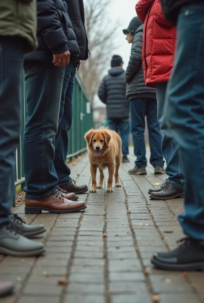 several people standing around a fence with a dog in the background, a picture by Yi Insang, unsplash, happening, feet on the ground, detailed shot legs-up, feet posing, on the sidewalk, trampling over pyongyang, old cmputers on the sidewalk, uhd candid ph...