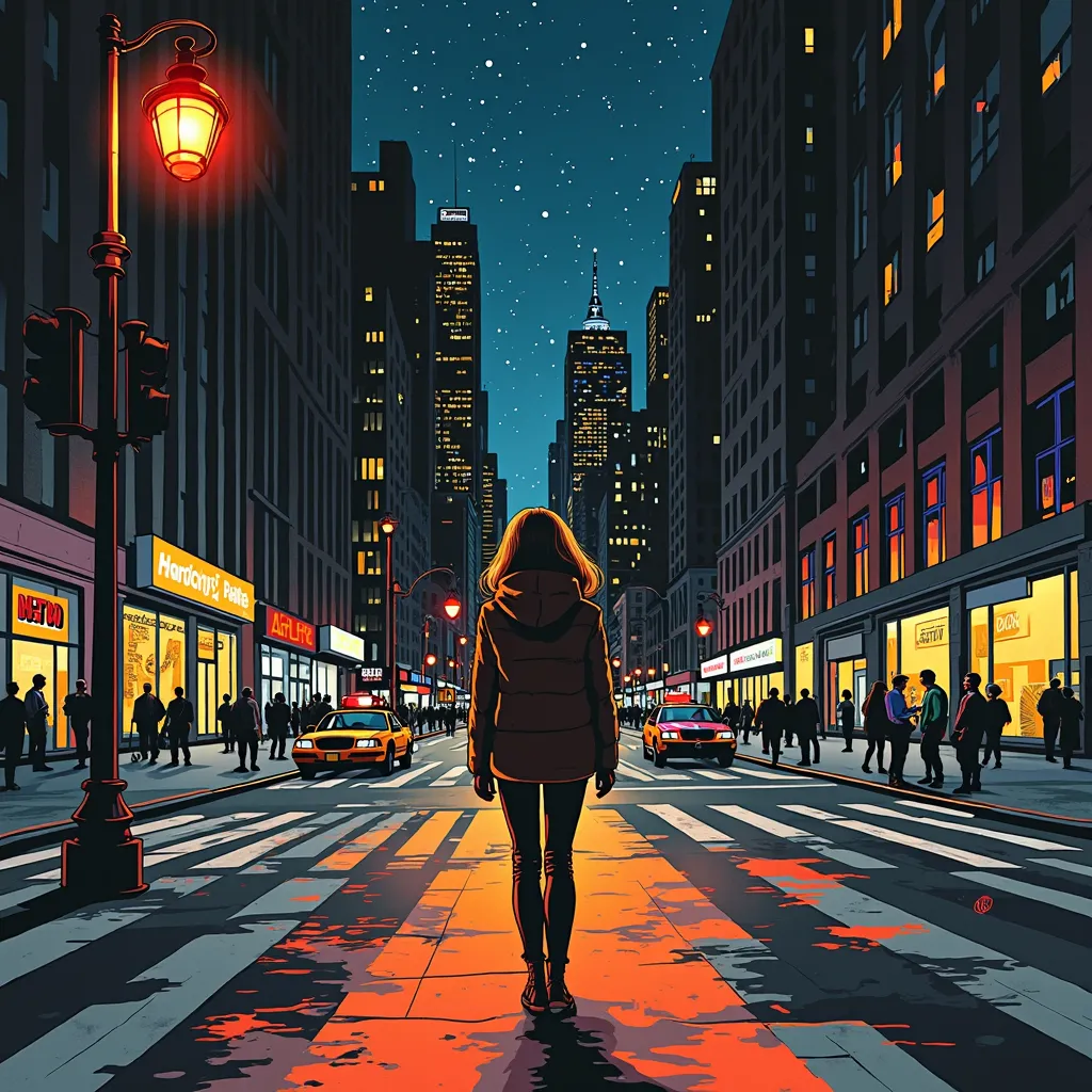 American soul of the 1970s, Draw small text with pop in JAZZ , Woman wearing funky style clothes, The background is a large American city in the 1970s, A person walking alone through a dark street late at night, Everything from head to foot should be expre...