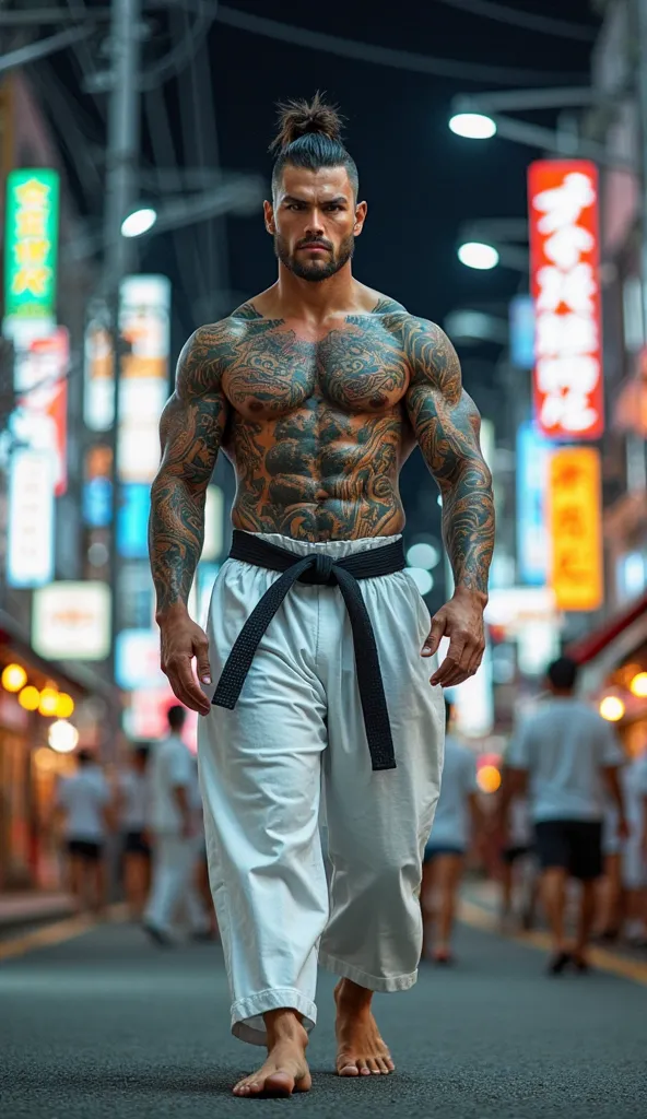 A muscular  Japanese man wearing a traditional white karate uniform with a black belt walking confidently in the foreground , bare feet on the street road,  Behind him, a towering, muscular Japanese man with a chiseled bulky physique stands shirtless, with...