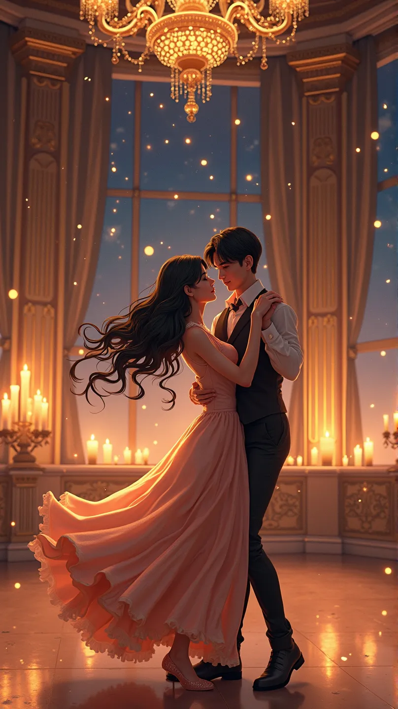 • A candle-lit ballroom scene. They(young woman with dark wavy hair and a young man) dance, eyes only for each other. Her dress swirls, catching the light.
• Mood: Magical, passionate Anime-style 


