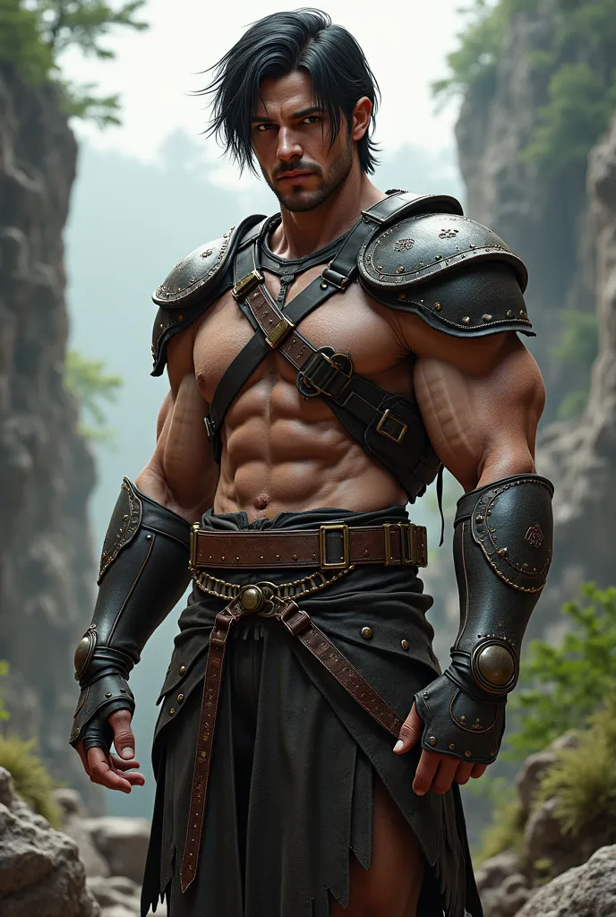 Human with Black hair and brown eyes. Athletic body. With light armor and medium lenght hair