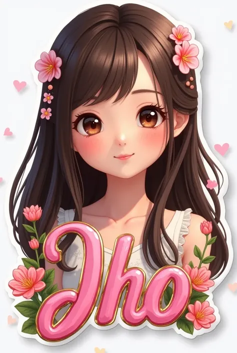 Create a 3D render of a holographic photo realistic in a sticker of a beautiful filipinaa animé girl with dark brown eyes, with long straight brunette hair with mini flowers. Sweet smile. Below is a 3D name "Jho" written in elegant curvey shinny pink font ...