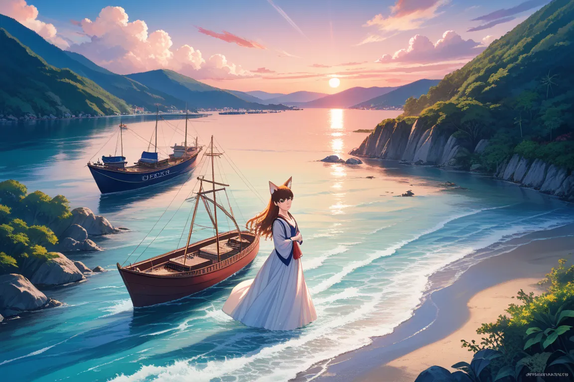 
Picture of a sunset scene with boats and houses on the seashore,Highly Detailed Anime Art,  Beautiful Anime Art ,  Landscape, Ghibli style painting,  beautiful painting with fox ears 